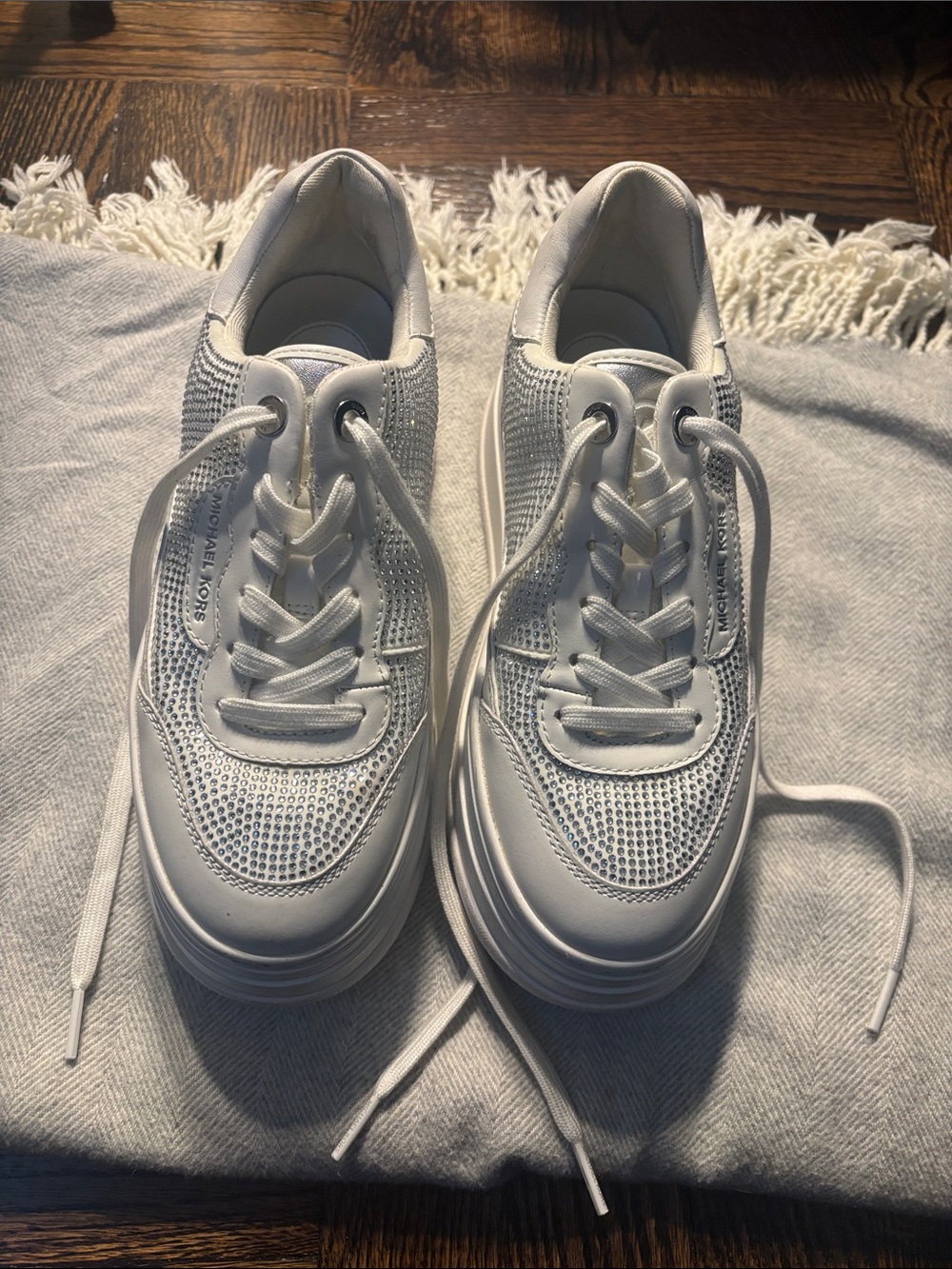 Michael Kors White & Silver Crystal Embellished Leather Sneakers